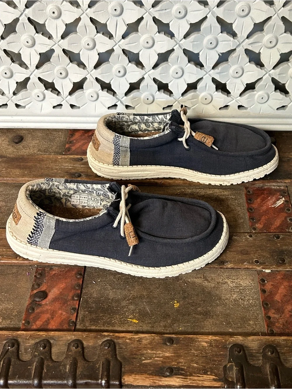 Hey Dude Wally‎ Linen Natural Navy Men’s Size 8 Casual Loafers Comfort Shoes